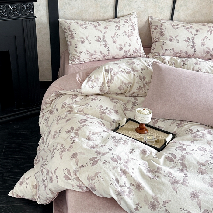 91家纺网 家纺一手货源 找家纺 麦田家纺 2025新款A类棉麻四件套系列 花间意境-红