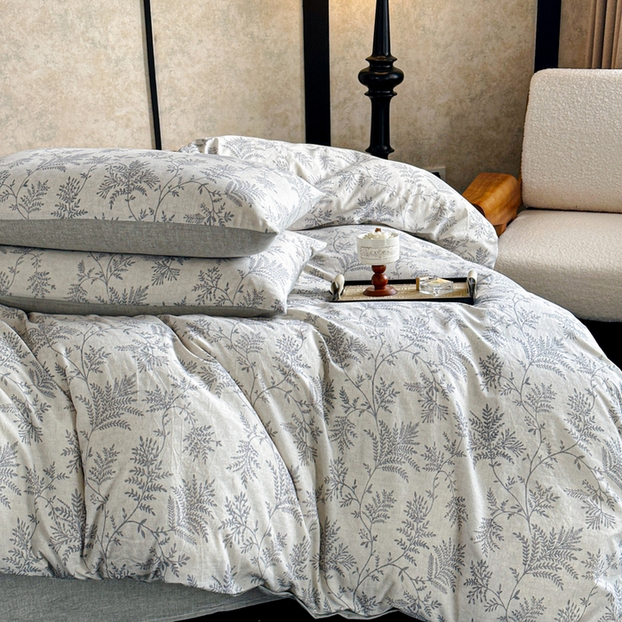 91家纺网 家纺一手货源 找家纺 麦田家纺 2025新款A类棉麻四件套系列 香叶时代-灰