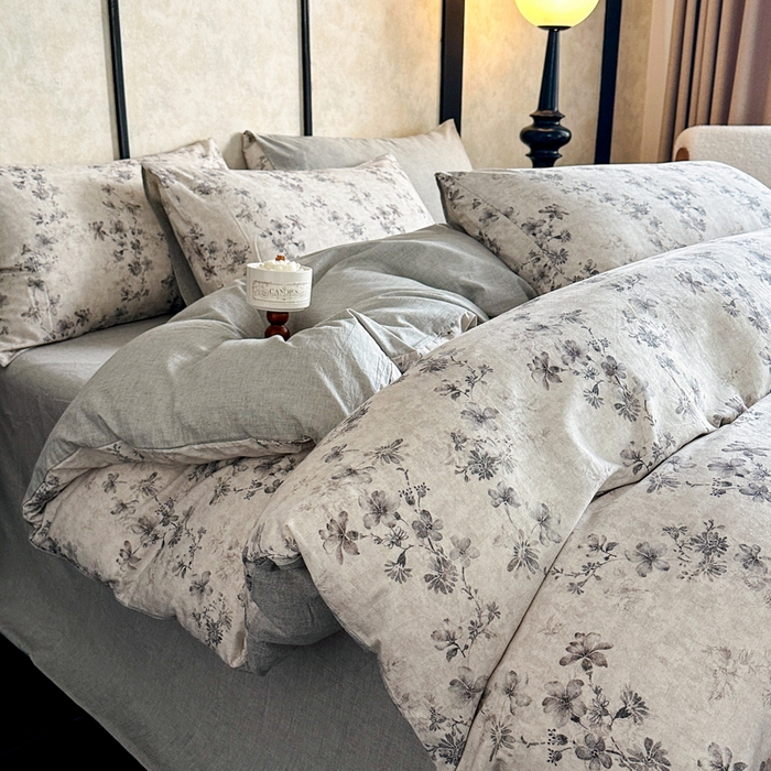 91家纺网 家纺一手货源 找家纺 麦田家纺 2025新款A类棉麻四件套系列 映霜-灰