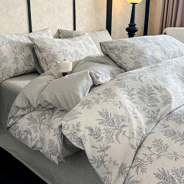 91家纺网 家纺一手货源 找家纺 麦田家纺 2025新款A类棉麻四件套系列 香叶时代-灰