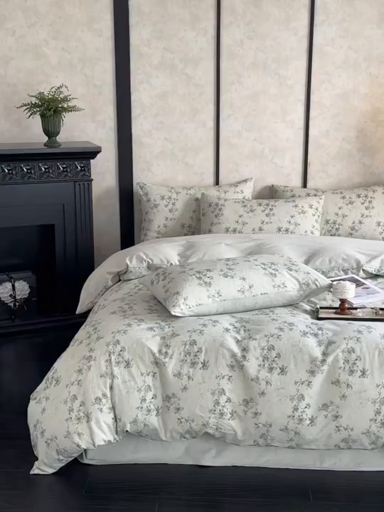 91家纺网 家纺一手货源 找家纺 麦田家纺 2025新款A类棉麻四件套系列 映霜-绿