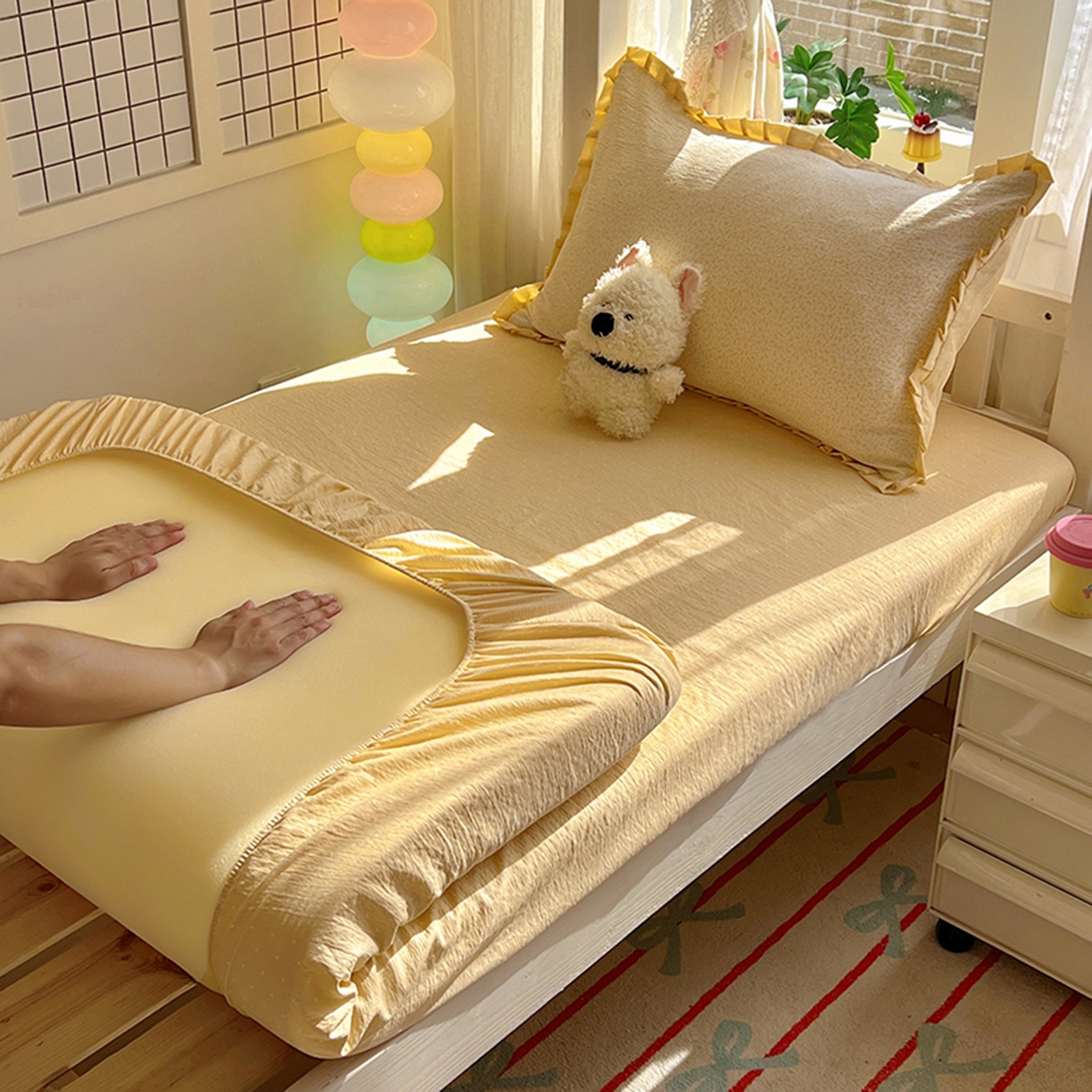 91家纺网 家纺一手货源 找家纺 春光里 2025新款高克重皱皱纱学生床三件套 灿灿