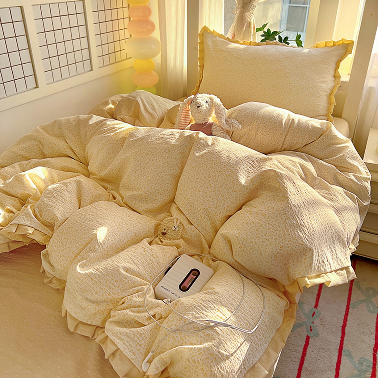 91家纺网 家纺一手货源 找家纺 春光里 2025新款高克重皱皱纱学生床三件套 灿灿