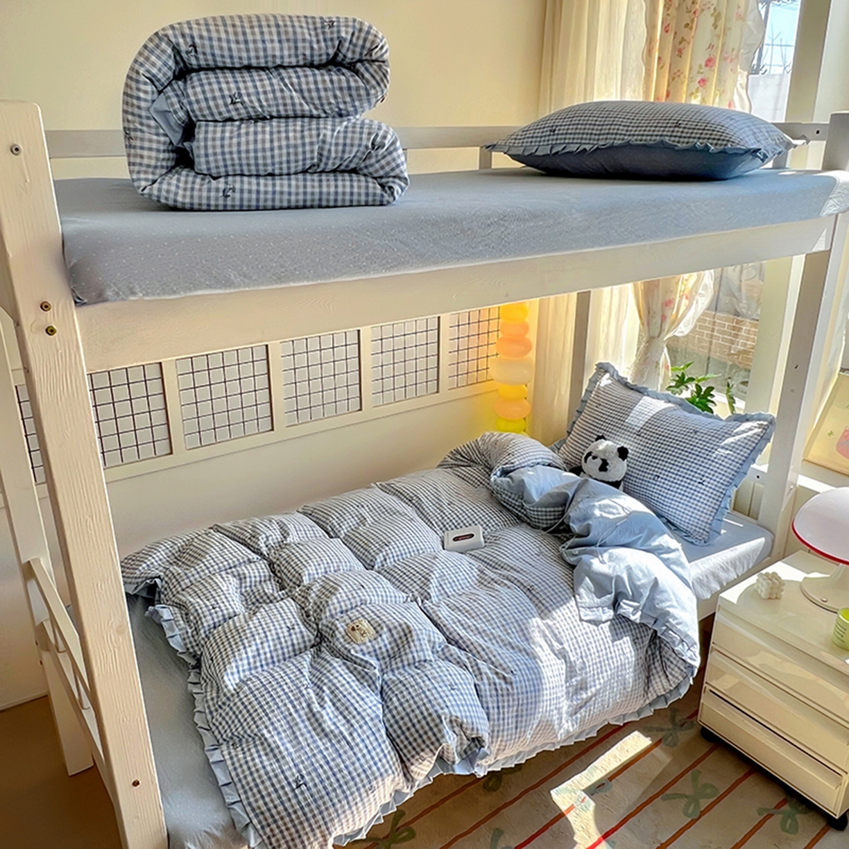 春光里 2025新款高克重皱皱纱学生床三件套 海盐格