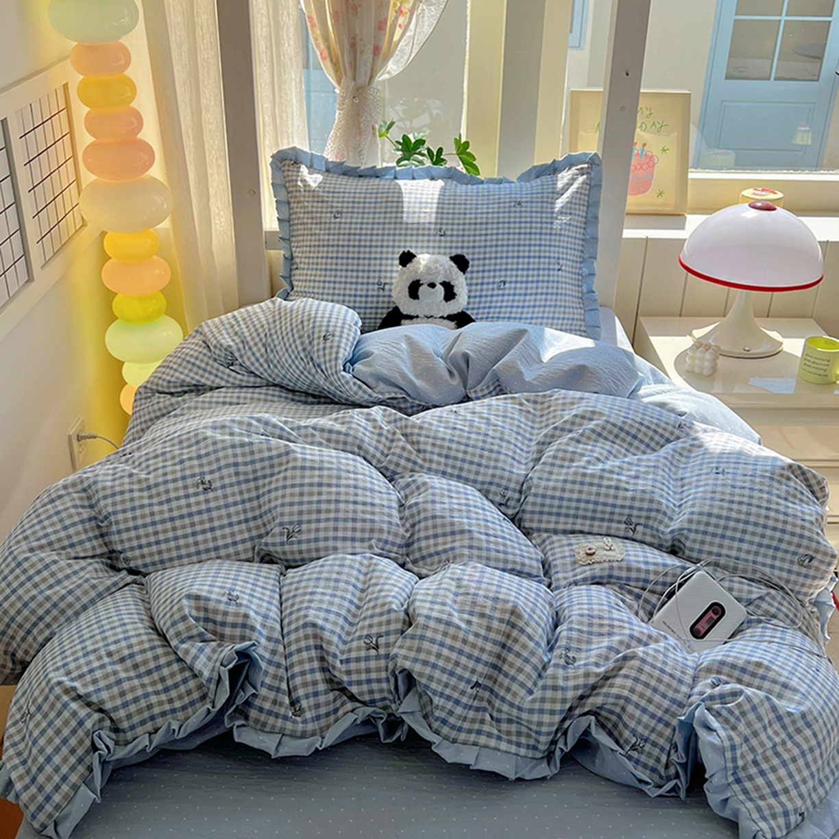 91家纺网 家纺一手货源 找家纺 春光里 2025新款高克重皱皱纱学生床三件套 海盐格