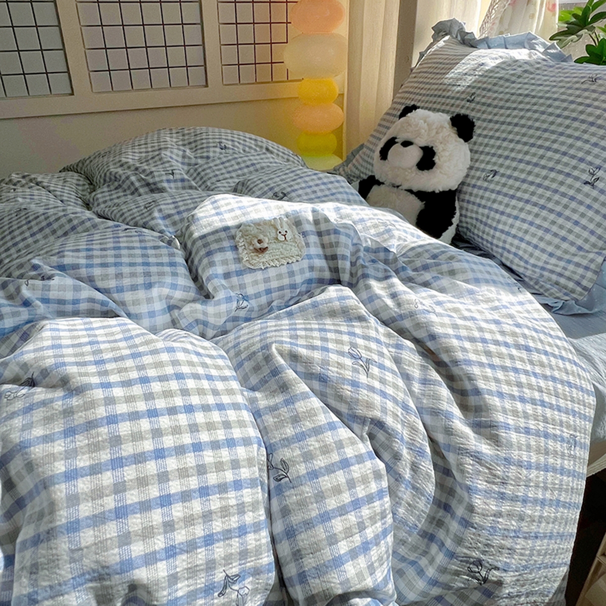 91家纺网 家纺一手货源 找家纺 春光里 2025新款高克重皱皱纱学生床三件套 海盐格