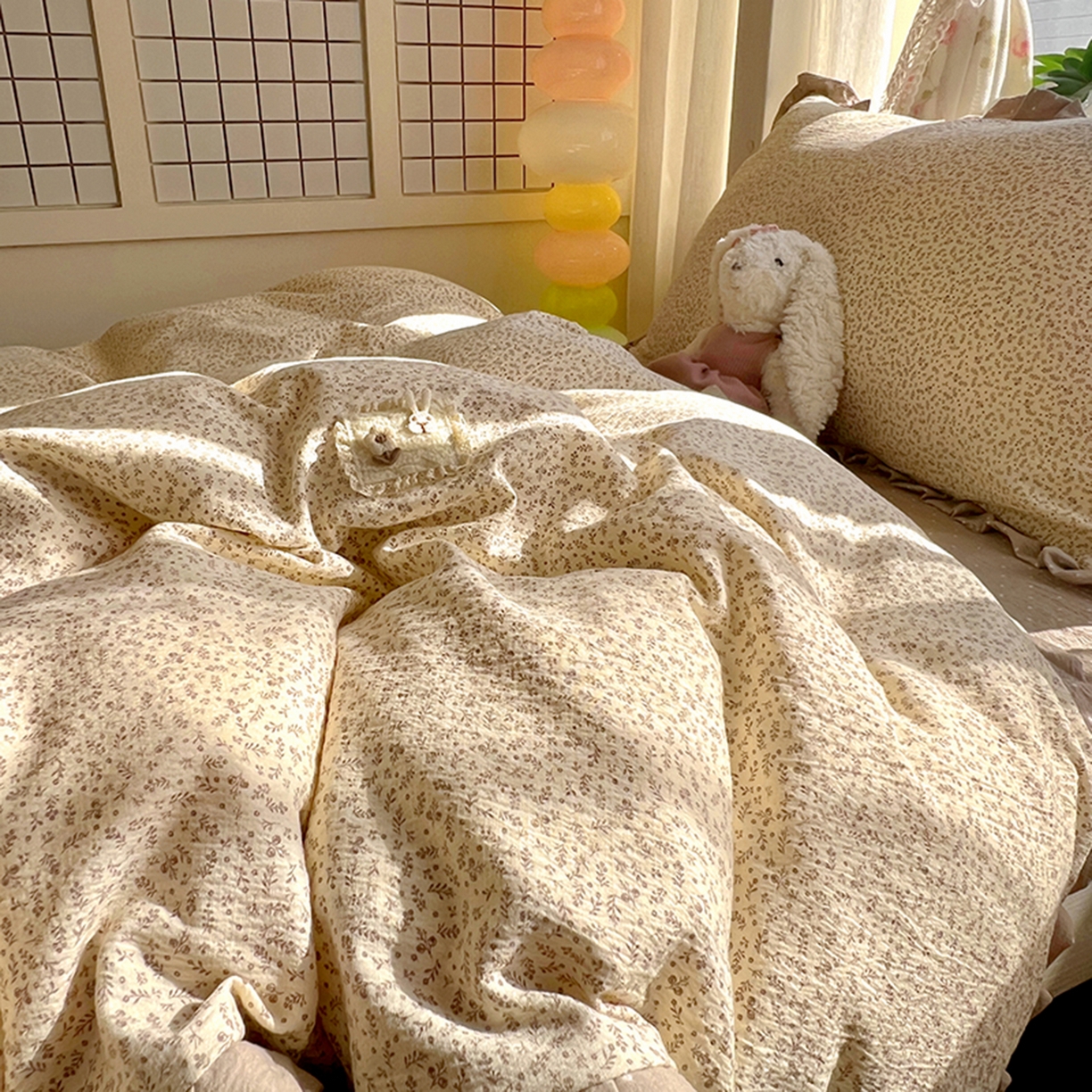 91家纺网 家纺一手货源 找家纺 春光里 2025新款高克重皱皱纱学生床三件套 秋色