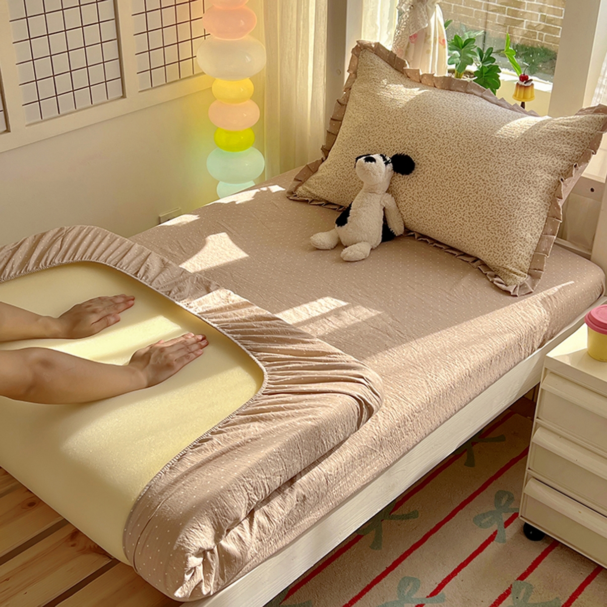 91家纺网 家纺一手货源 找家纺 春光里 2025新款高克重皱皱纱学生床三件套 秋色