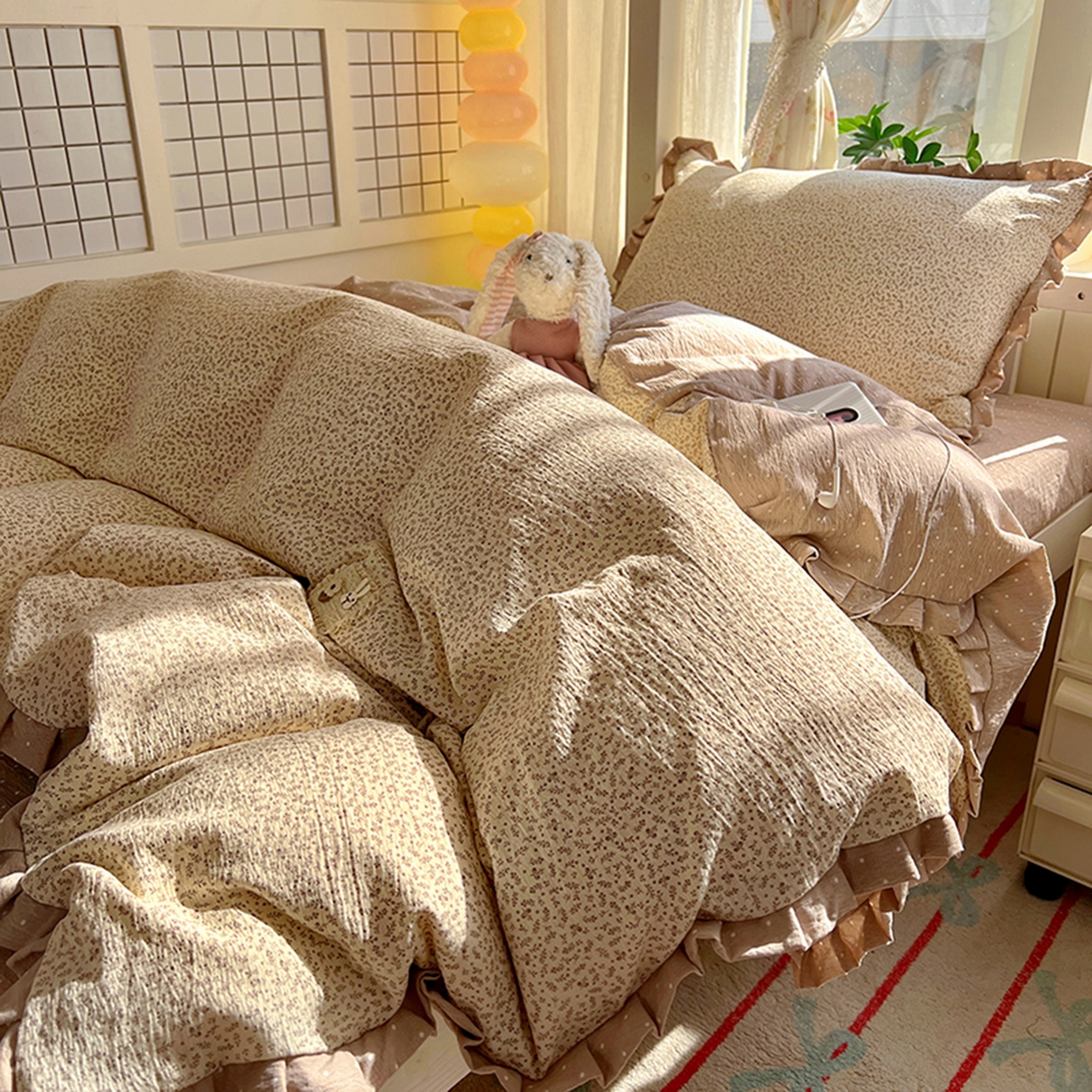 91家纺网 家纺一手货源 找家纺 春光里 2025新款高克重皱皱纱学生床三件套 秋色