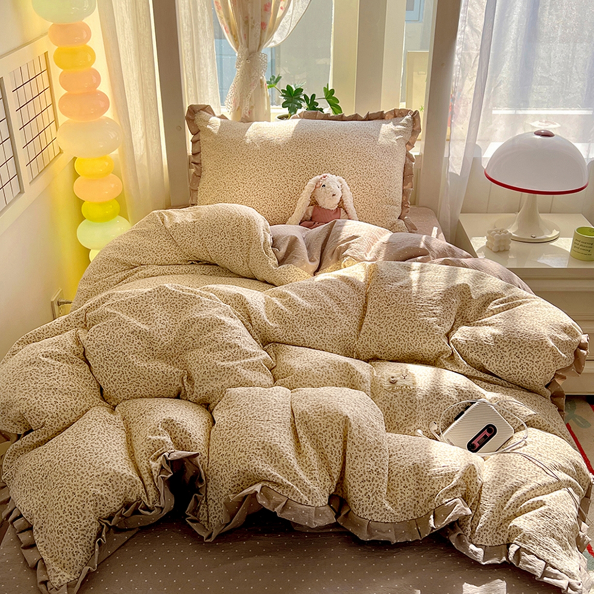 91家纺网 家纺一手货源 找家纺 春光里 2025新款高克重皱皱纱学生床三件套 秋色