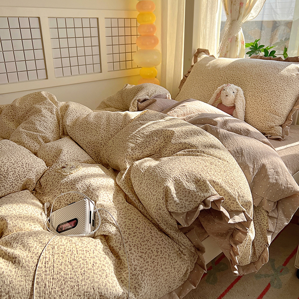 91家纺网 家纺一手货源 找家纺 春光里 2025新款高克重皱皱纱学生床三件套 秋色