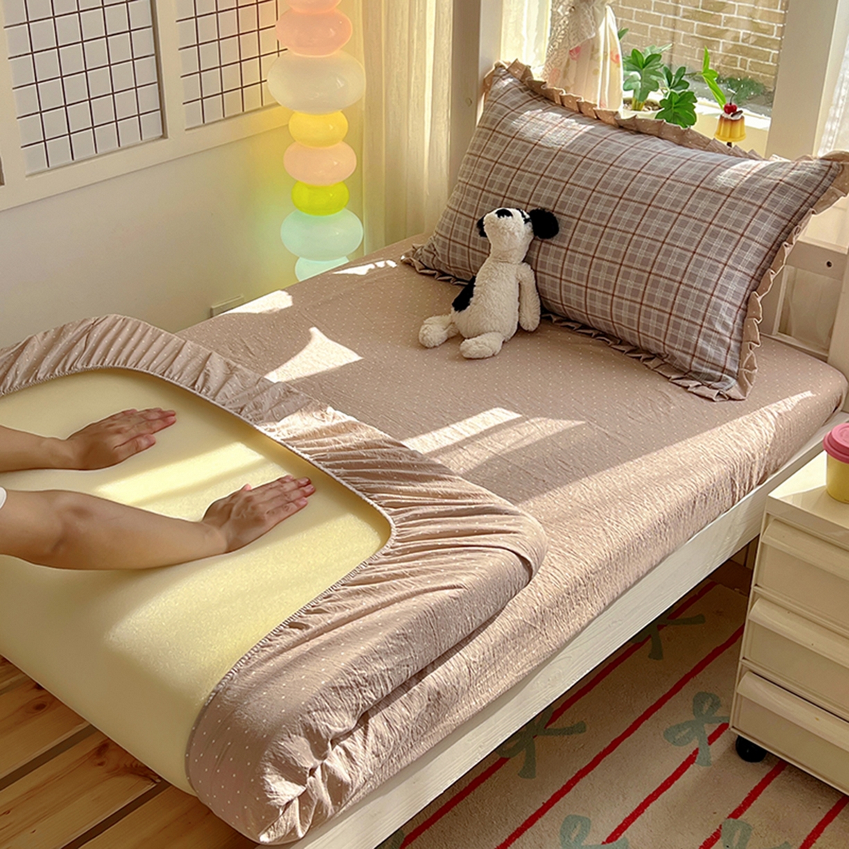 91家纺网 家纺一手货源 找家纺 春光里 2025新款高克重皱皱纱学生床三件套 苏格兰格