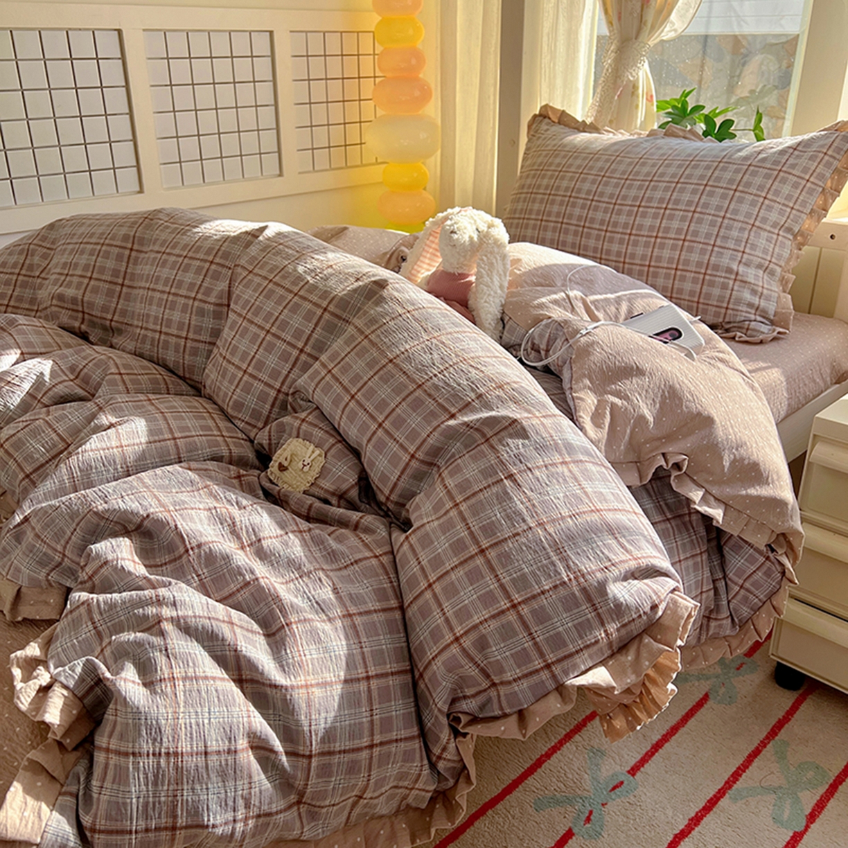 91家纺网 家纺一手货源 找家纺 春光里 2025新款高克重皱皱纱学生床三件套 苏格兰格