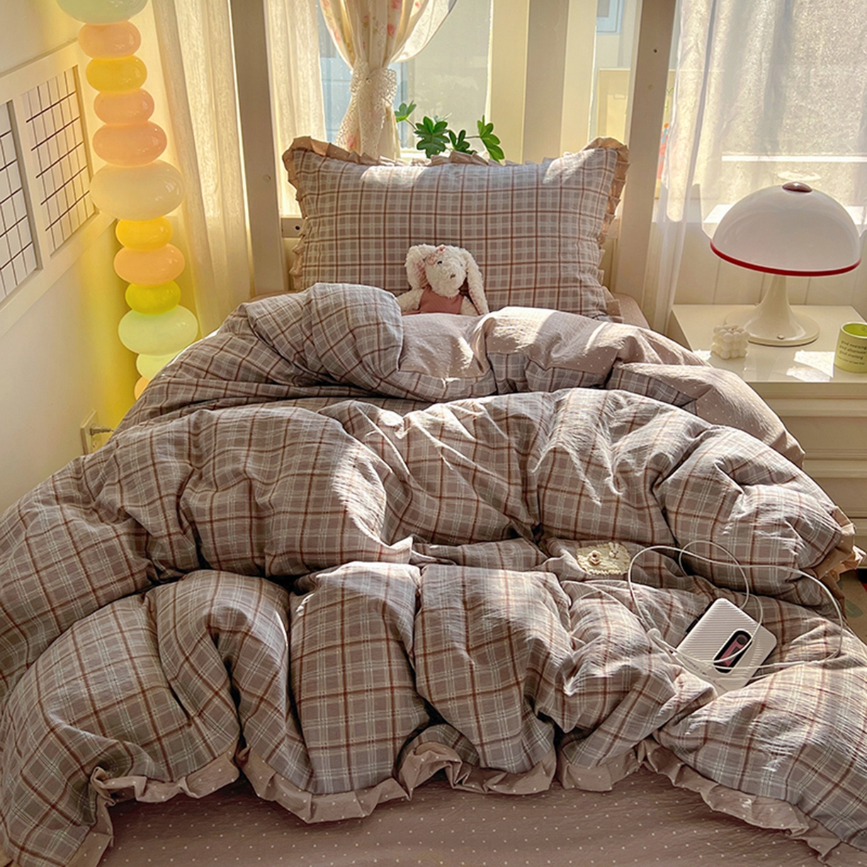 91家纺网 家纺一手货源 找家纺 春光里 2025新款高克重皱皱纱学生床三件套 苏格兰格