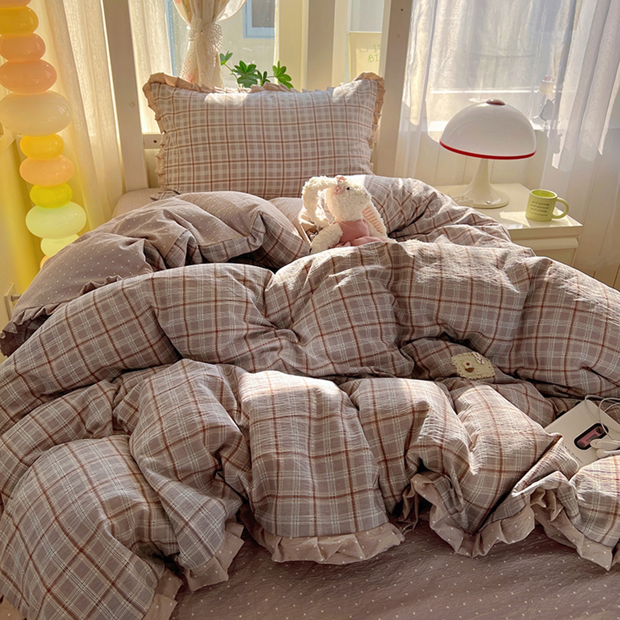 91家纺网 家纺一手货源 找家纺 春光里 2025新款高克重皱皱纱学生床三件套 苏格兰格