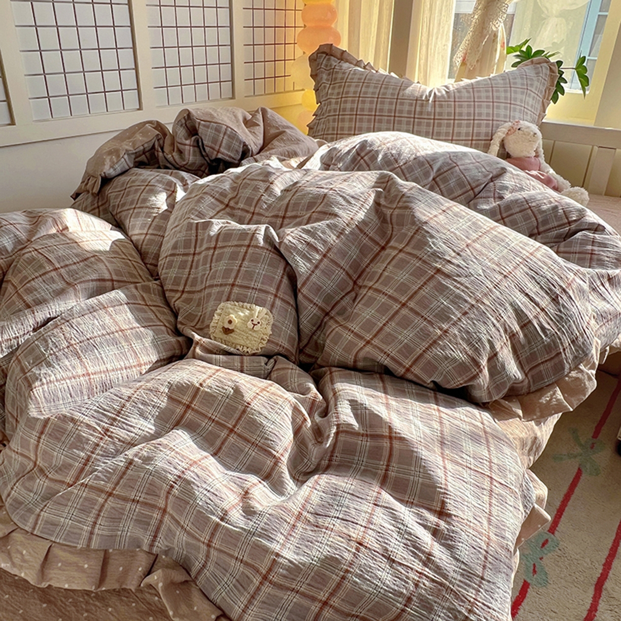 91家纺网 家纺一手货源 找家纺 春光里 2025新款高克重皱皱纱学生床三件套 苏格兰格