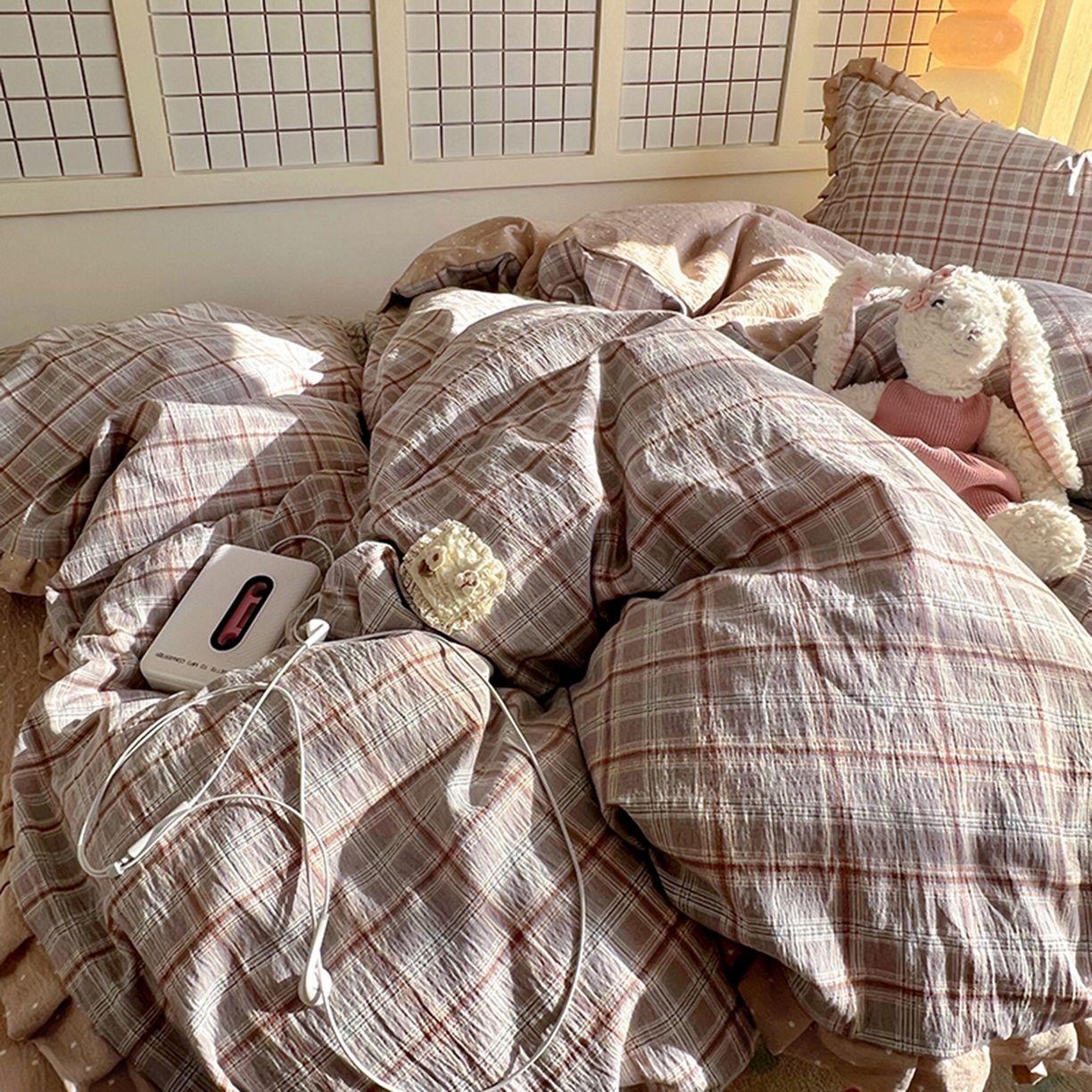 91家纺网 家纺一手货源 找家纺 春光里 2025新款高克重皱皱纱学生床三件套 苏格兰格