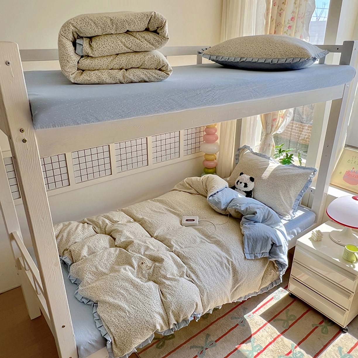 春光里 2025新款高克重皱皱纱学生床三件套 碎蓝