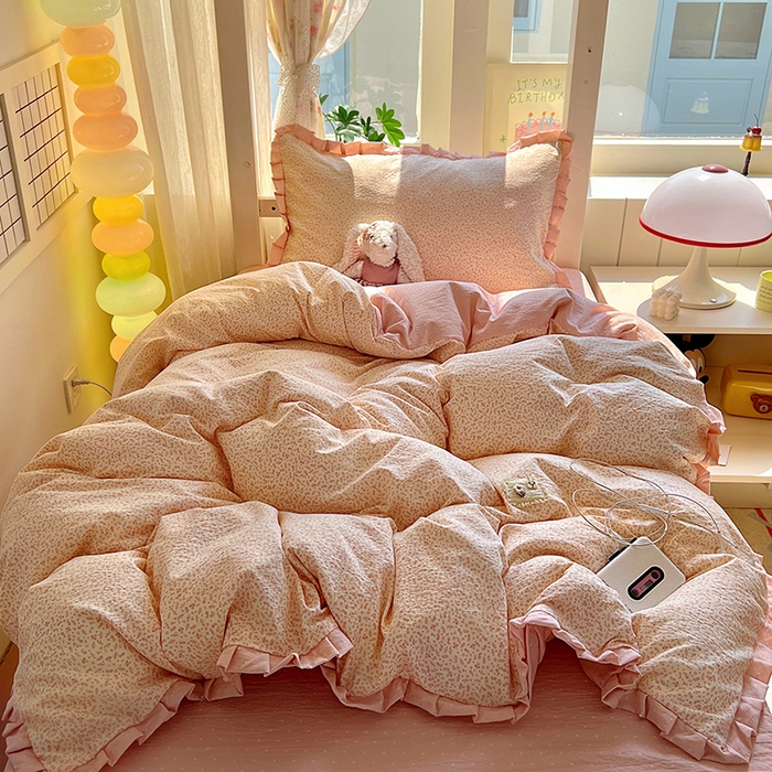 91家纺网 家纺一手货源 找家纺 春光里 2025新款高克重皱皱纱学生床三件套 桃桃