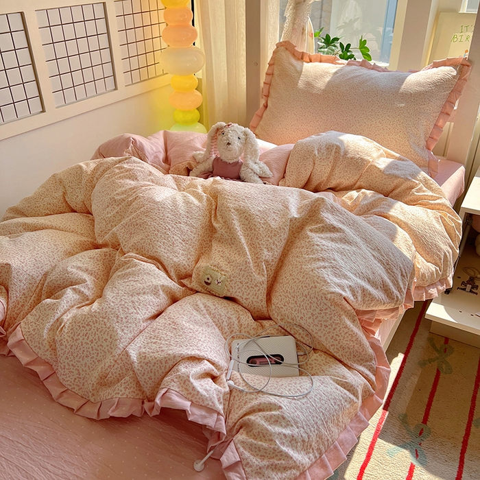 91家纺网 家纺一手货源 找家纺 春光里 2025新款高克重皱皱纱学生床三件套 桃桃