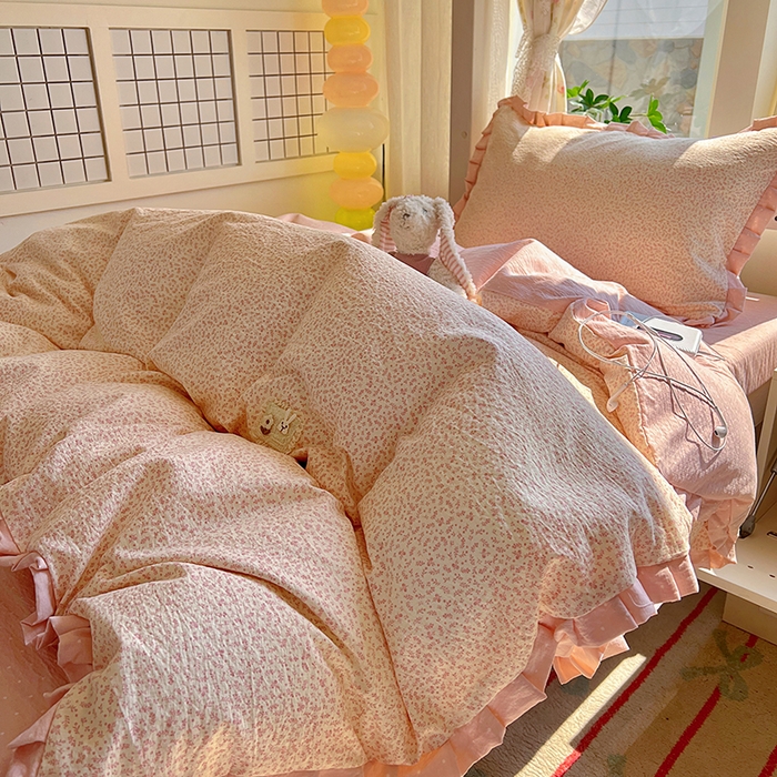 91家纺网 家纺一手货源 找家纺 春光里 2025新款高克重皱皱纱学生床三件套 桃桃