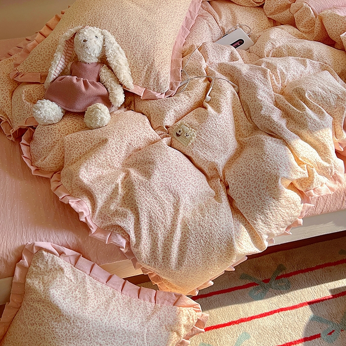 91家纺网 家纺一手货源 找家纺 春光里 2025新款高克重皱皱纱学生床三件套 桃桃