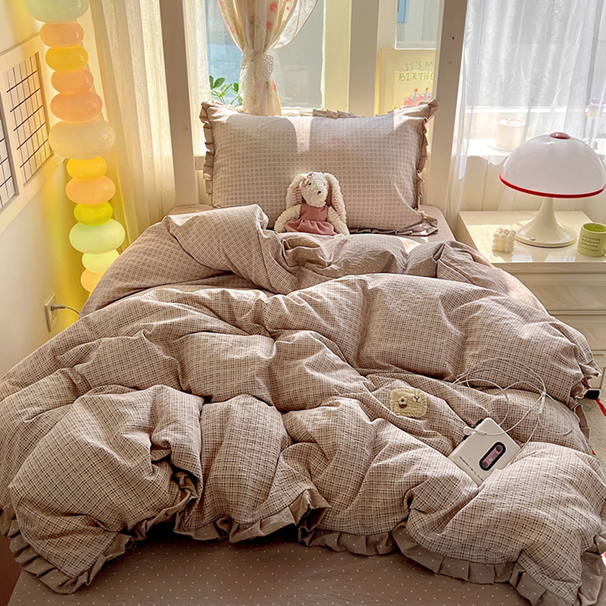 91家纺网 家纺一手货源 找家纺 春光里 2025新款高克重皱皱纱学生床三件套 英伦格