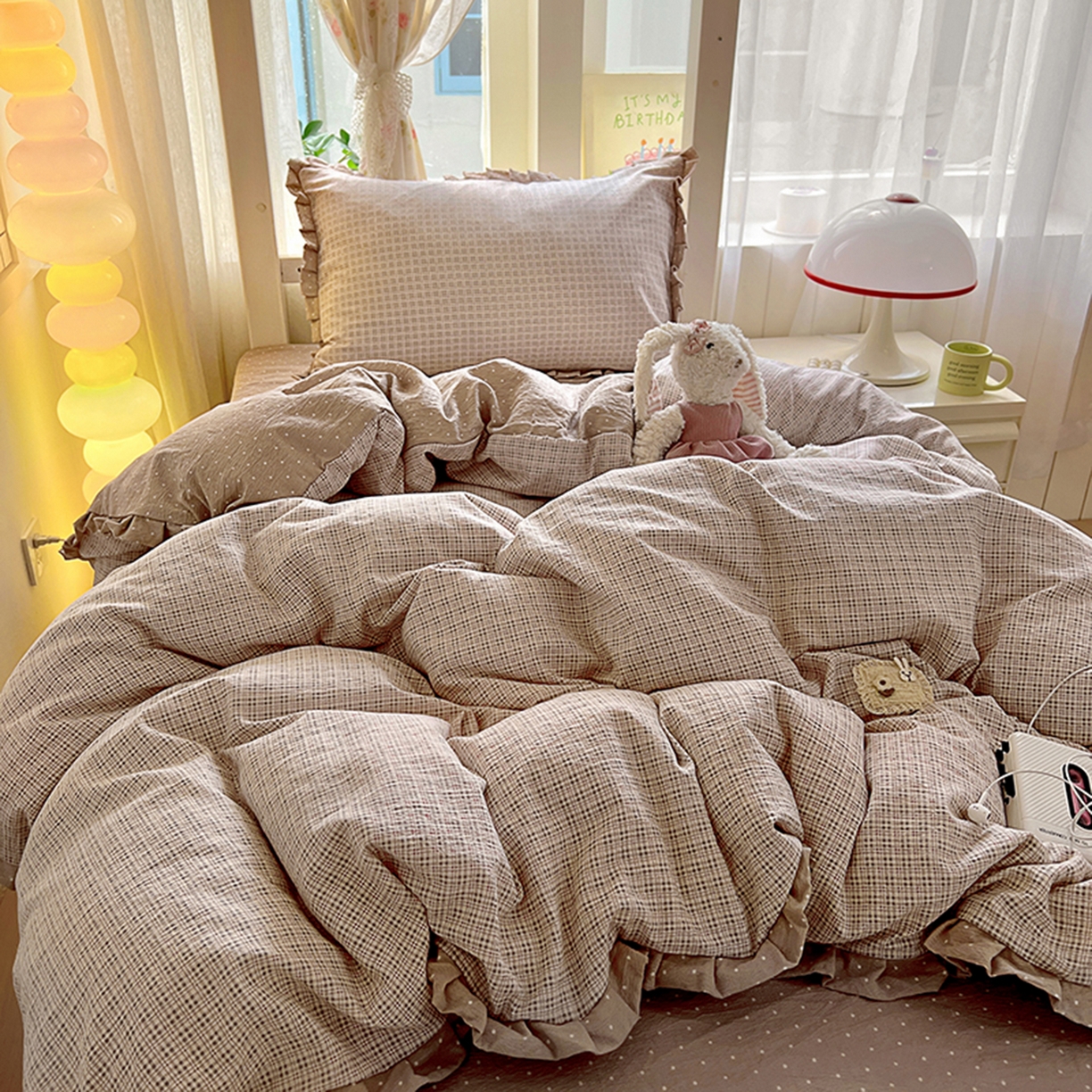 91家纺网 家纺一手货源 找家纺 春光里 2025新款高克重皱皱纱学生床三件套 英伦格