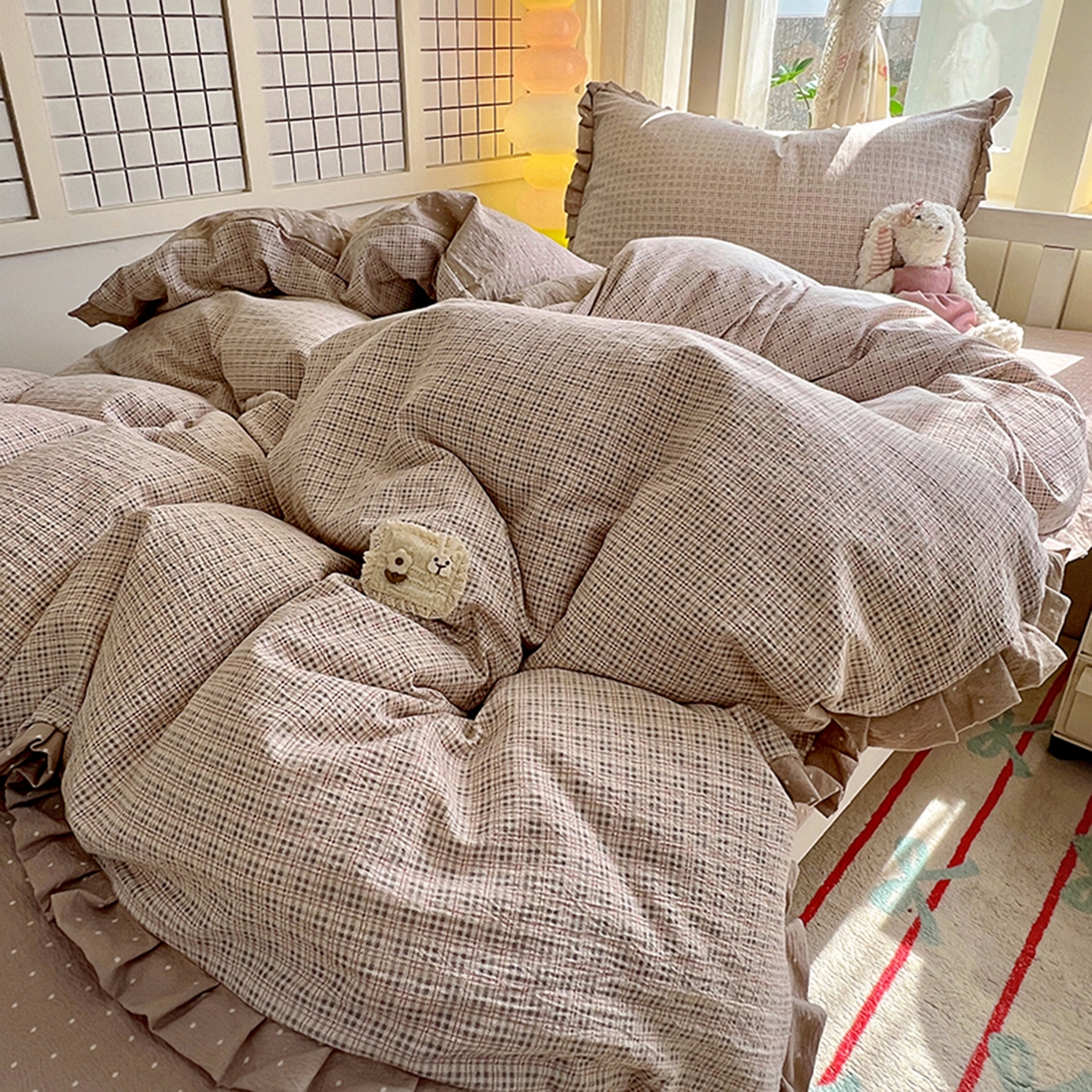 91家纺网 家纺一手货源 找家纺 春光里 2025新款高克重皱皱纱学生床三件套 英伦格