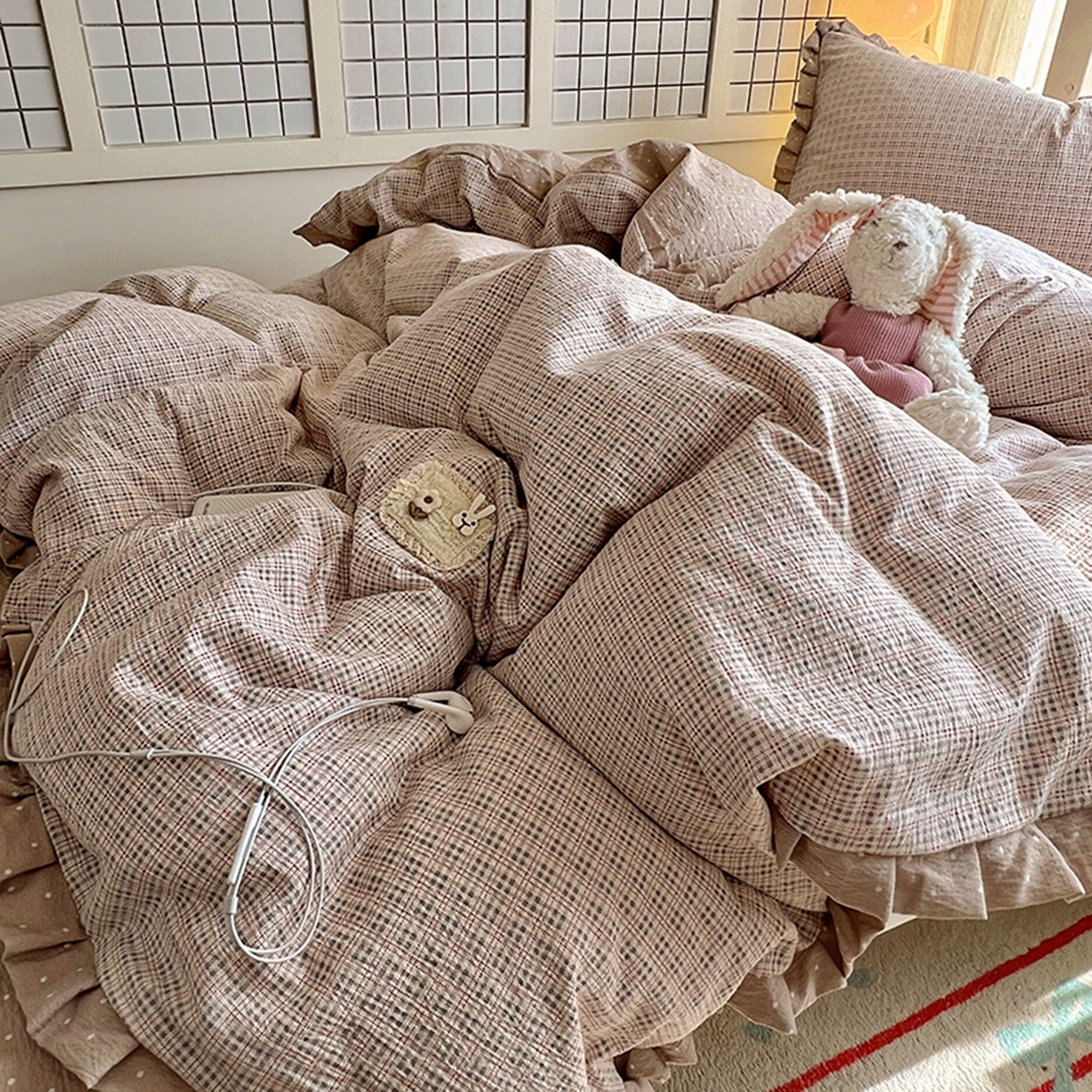 91家纺网 家纺一手货源 找家纺 春光里 2025新款高克重皱皱纱学生床三件套 英伦格