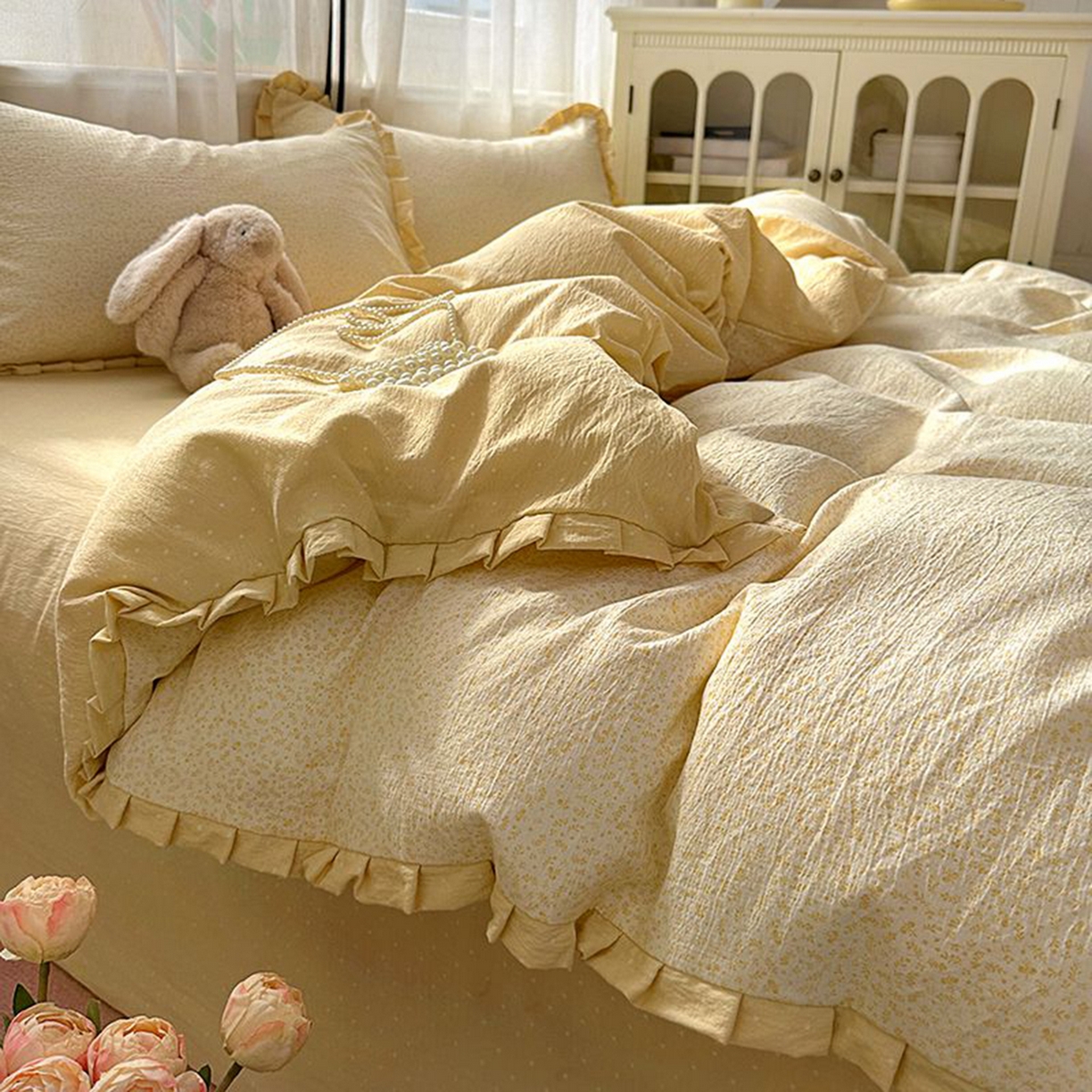 91家纺网 家纺一手货源 找家纺 春光里 2025新款高克重皱皱纱四件套 灿灿