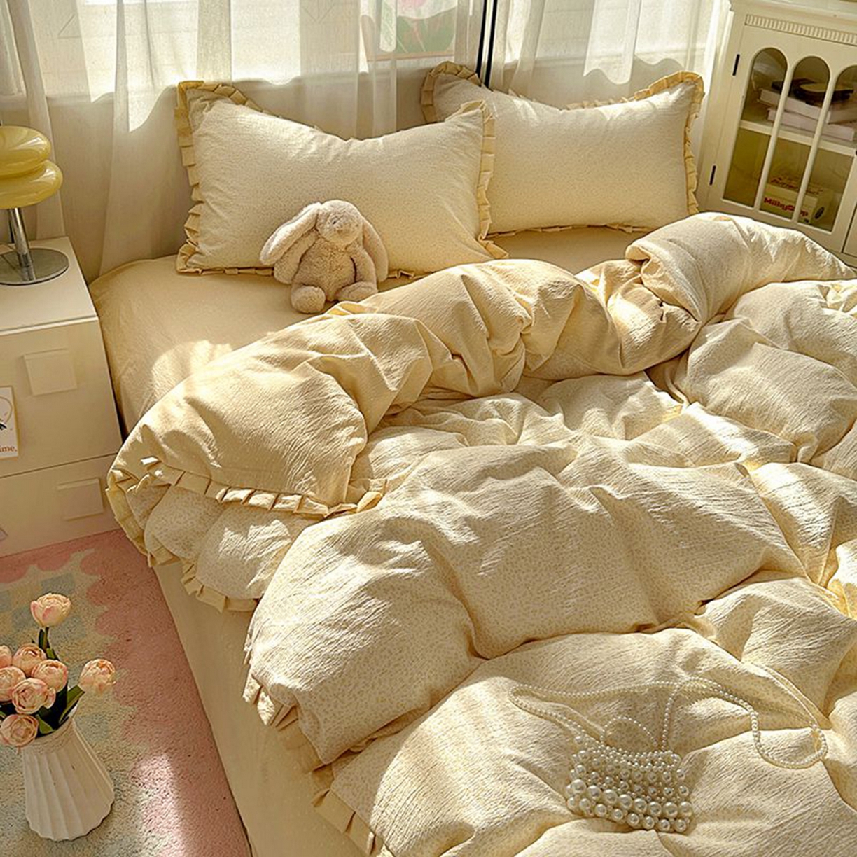 91家纺网 家纺一手货源 找家纺 春光里 2025新款高克重皱皱纱四件套 灿灿