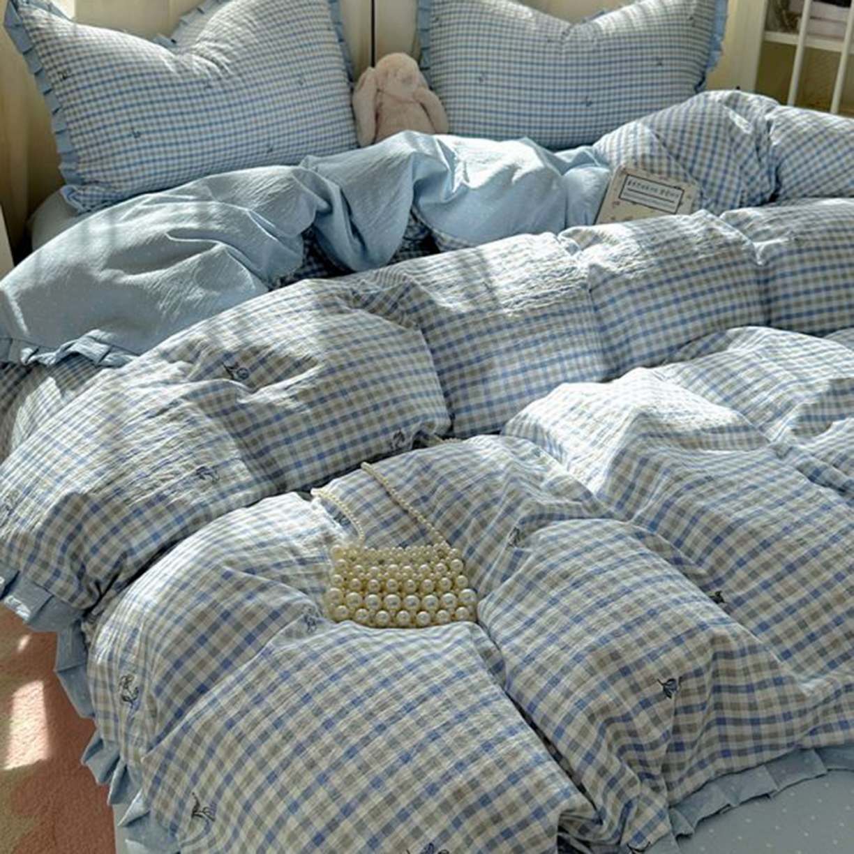 91家纺网 家纺一手货源 找家纺 春光里 2025新款高克重皱皱纱四件套 海盐格