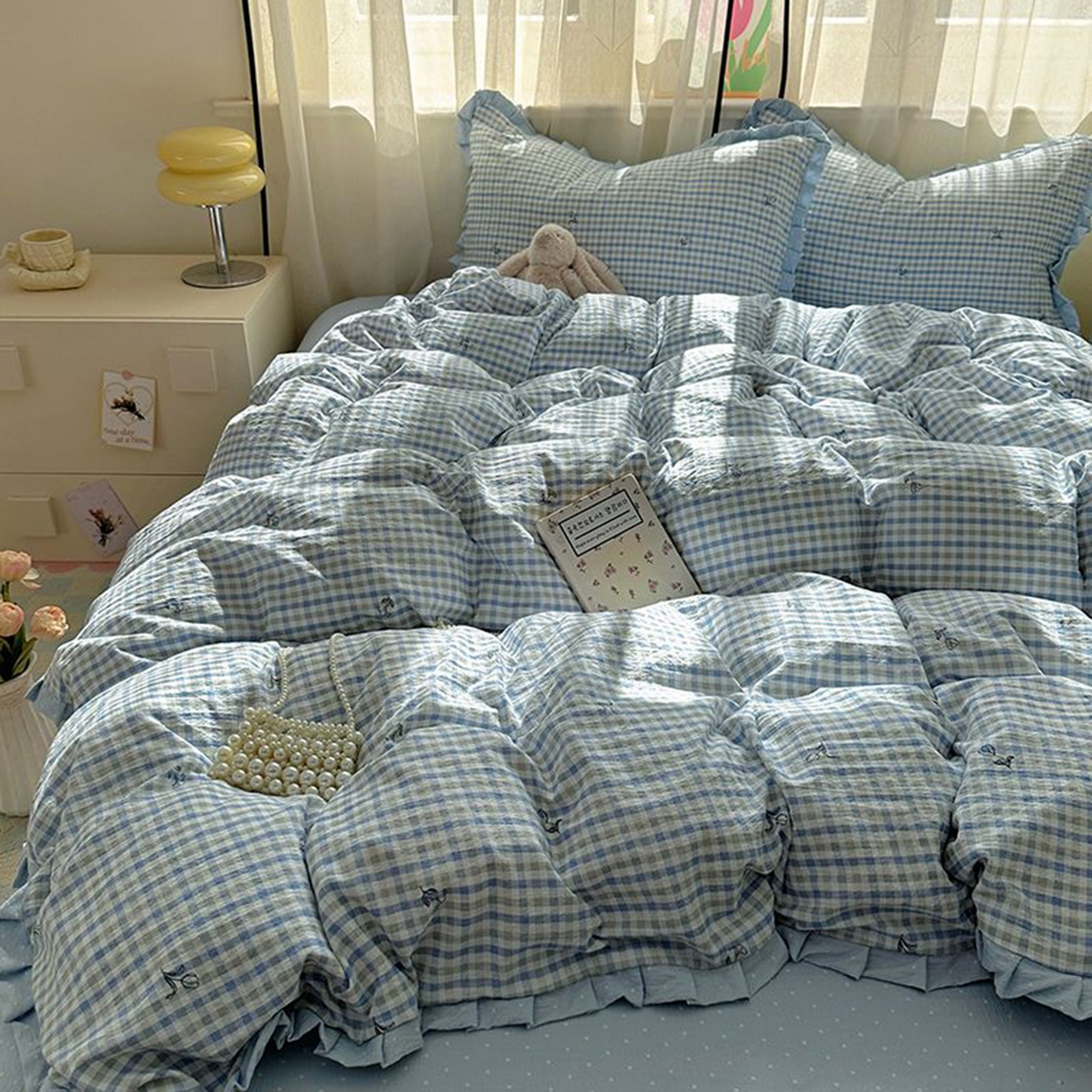 91家纺网 家纺一手货源 找家纺 春光里 2025新款高克重皱皱纱四件套 海盐格