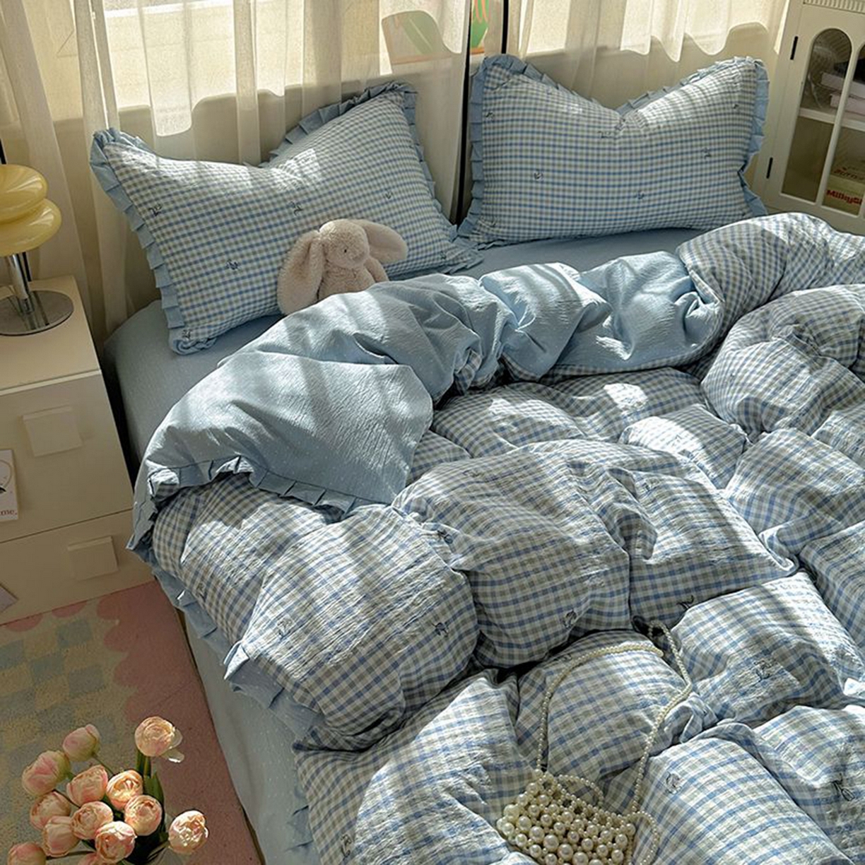 91家纺网 家纺一手货源 找家纺 春光里 2025新款高克重皱皱纱四件套 海盐格