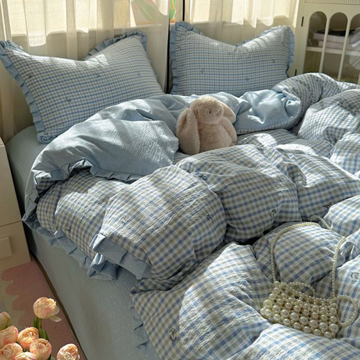 91家纺网 家纺一手货源 找家纺 春光里 2025新款高克重皱皱纱四件套 海盐格