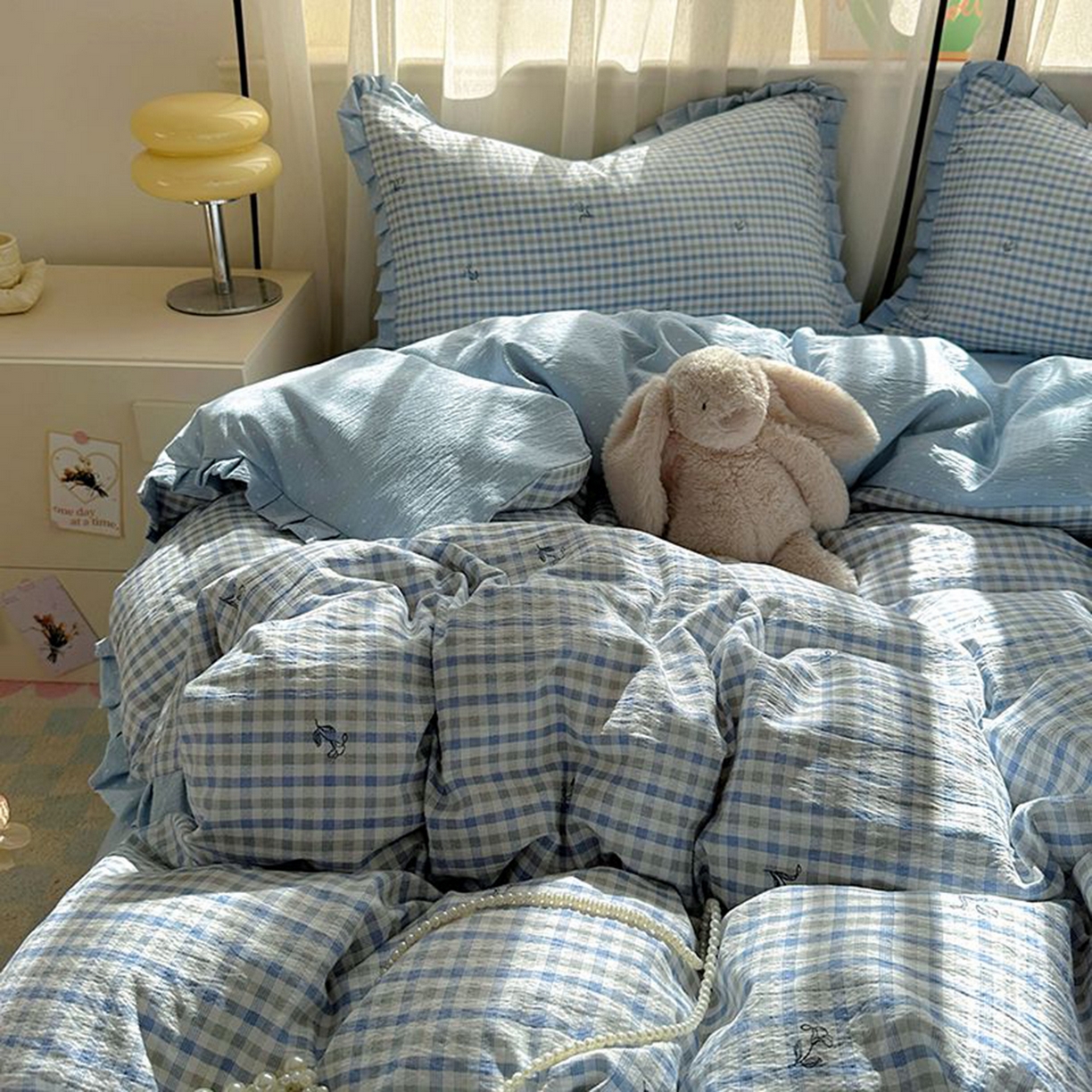 91家纺网 家纺一手货源 找家纺 春光里 2025新款高克重皱皱纱四件套 海盐格