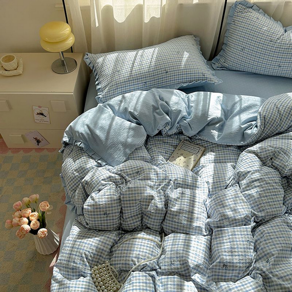 91家纺网 家纺一手货源 找家纺 春光里 2025新款高克重皱皱纱四件套 海盐格