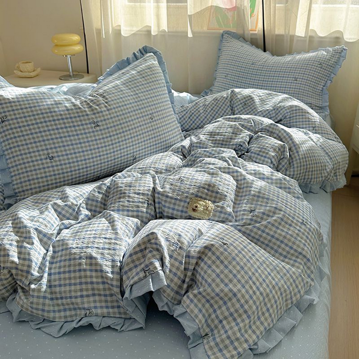 91家纺网 家纺一手货源 找家纺 春光里 2025新款高克重皱皱纱四件套 海盐格