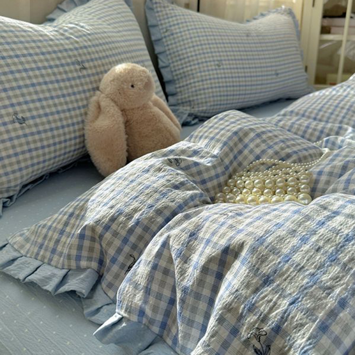 91家纺网 家纺一手货源 找家纺 春光里 2025新款高克重皱皱纱四件套 海盐格