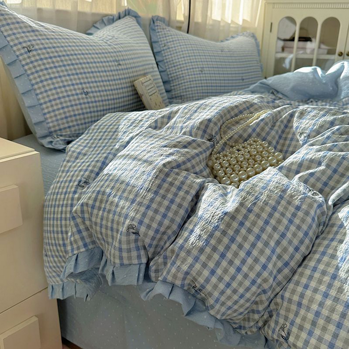 91家纺网 家纺一手货源 找家纺 春光里 2025新款高克重皱皱纱四件套 海盐格