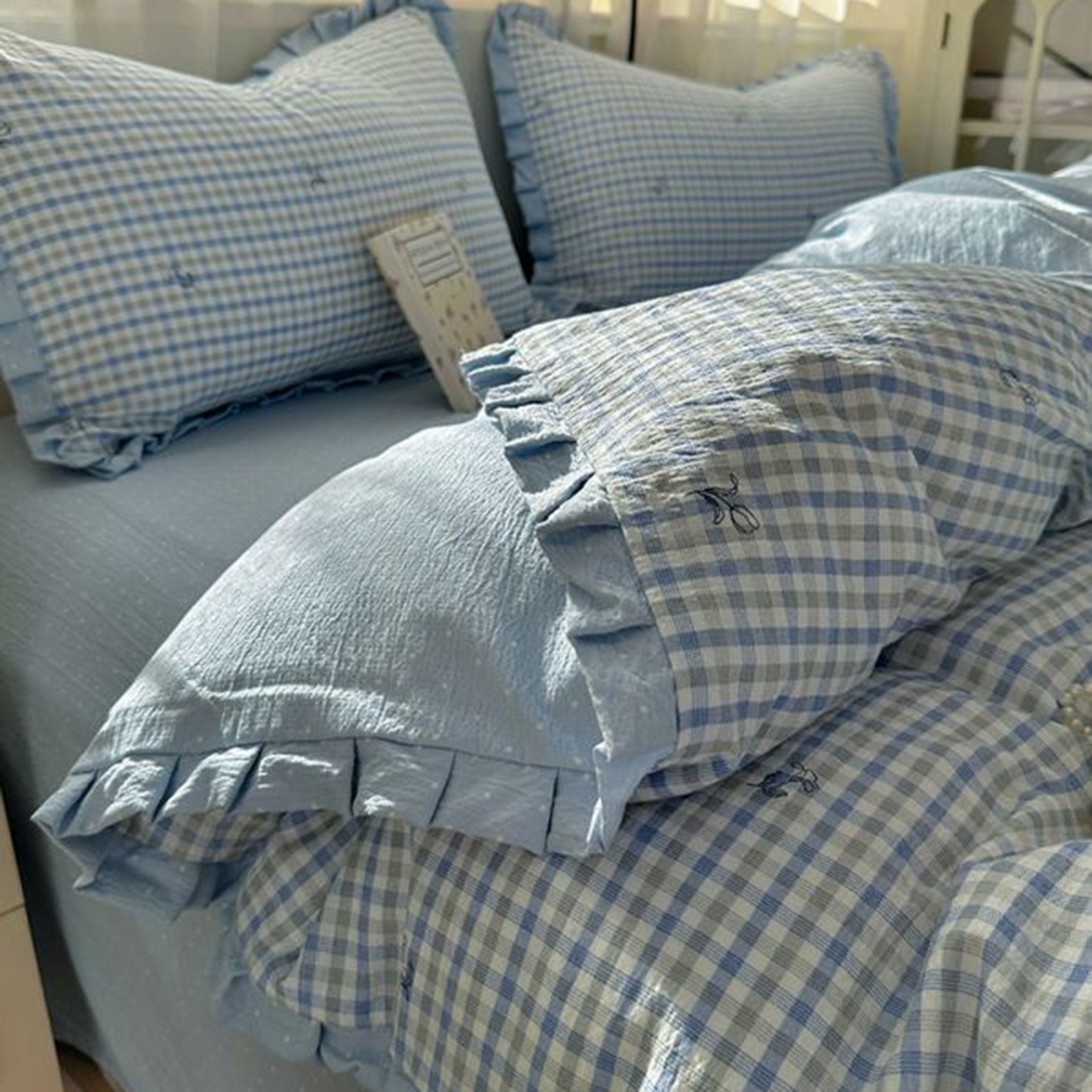 91家纺网 家纺一手货源 找家纺 春光里 2025新款高克重皱皱纱四件套 海盐格