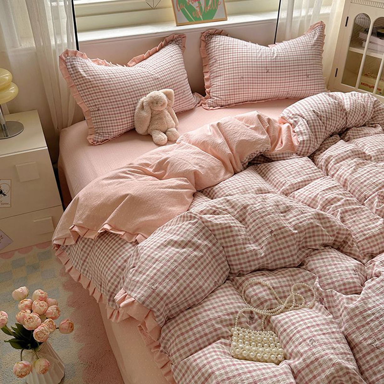 91家纺网 家纺一手货源 找家纺 春光里 2025新款高克重皱皱纱四件套 红茶格