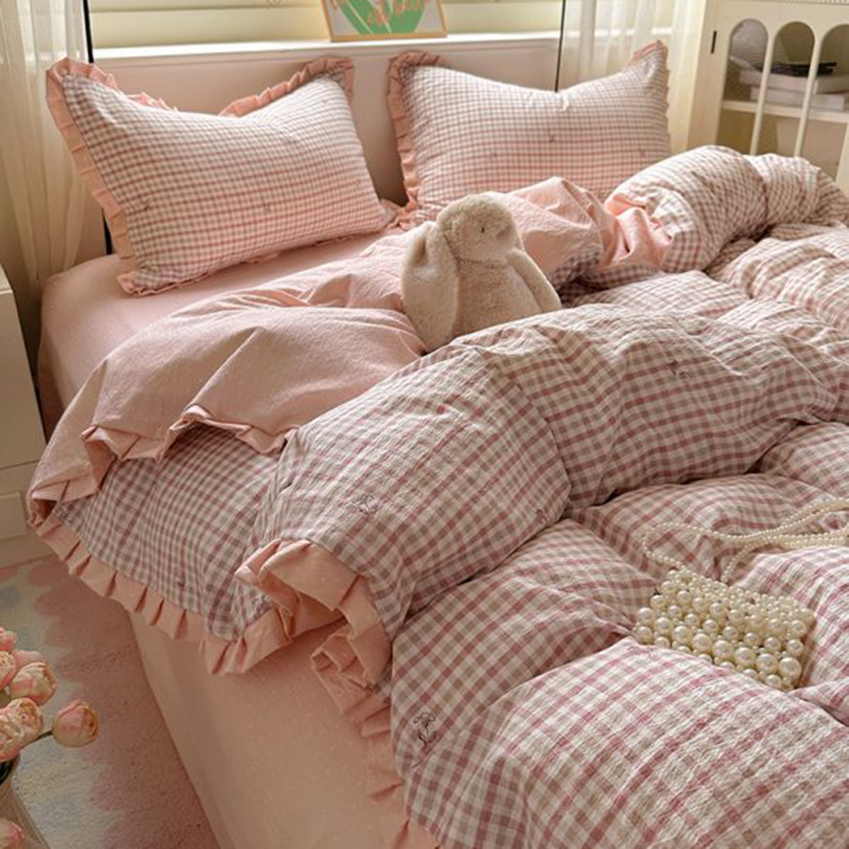 91家纺网 家纺一手货源 找家纺 春光里 2025新款高克重皱皱纱四件套 红茶格