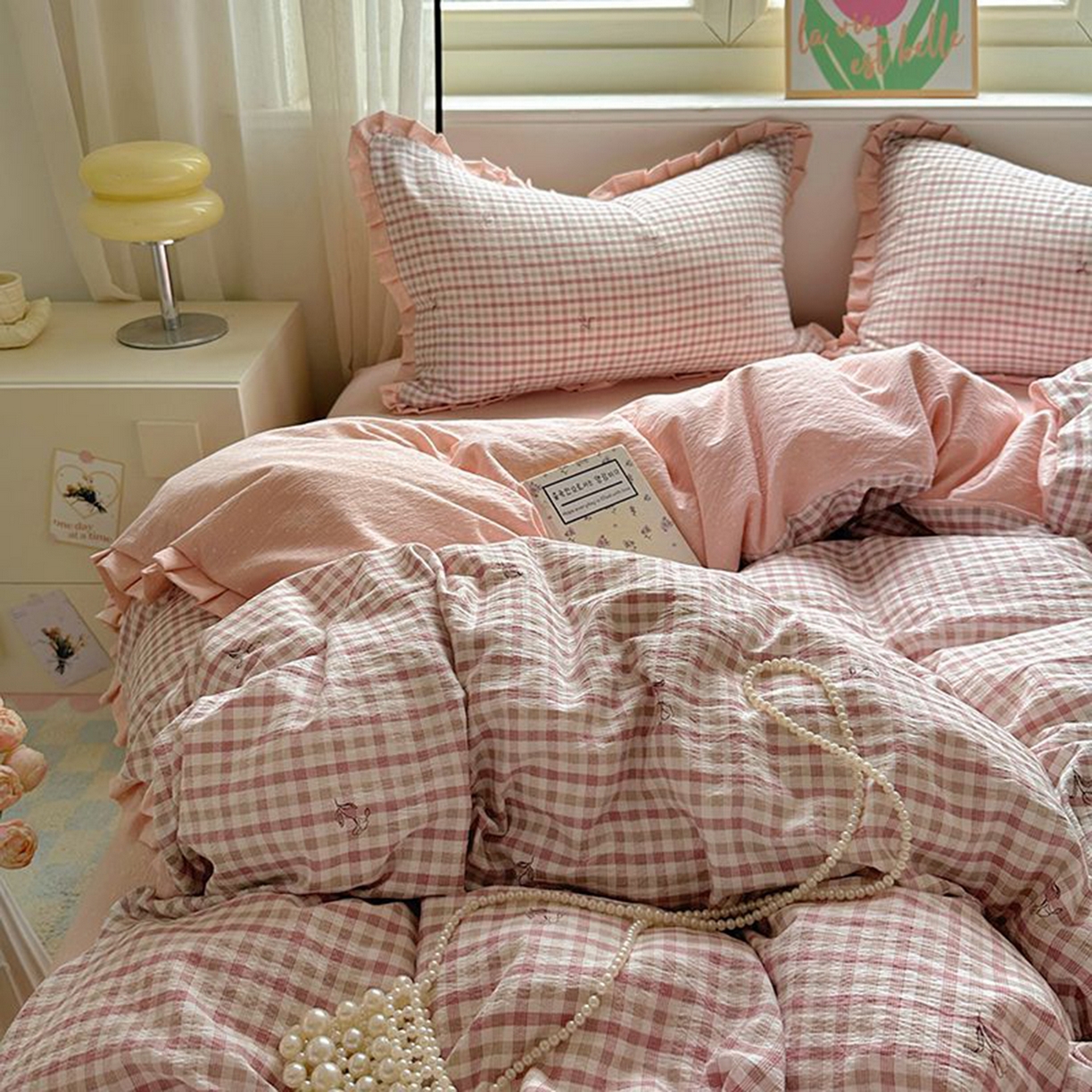 91家纺网 家纺一手货源 找家纺 春光里 2025新款高克重皱皱纱四件套 红茶格