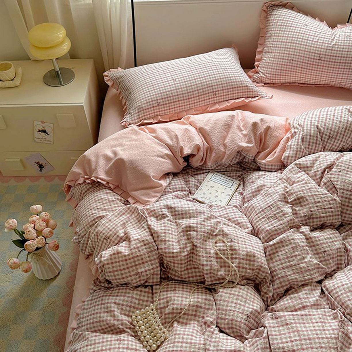 91家纺网 家纺一手货源 找家纺 春光里 2025新款高克重皱皱纱四件套 红茶格