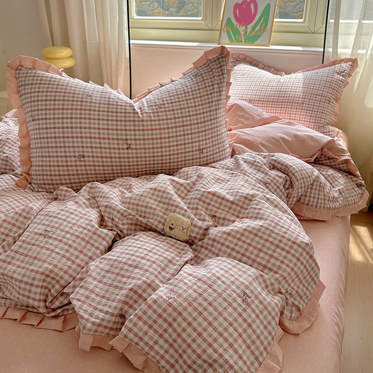 91家纺网 家纺一手货源 找家纺 春光里 2025新款高克重皱皱纱四件套 红茶格