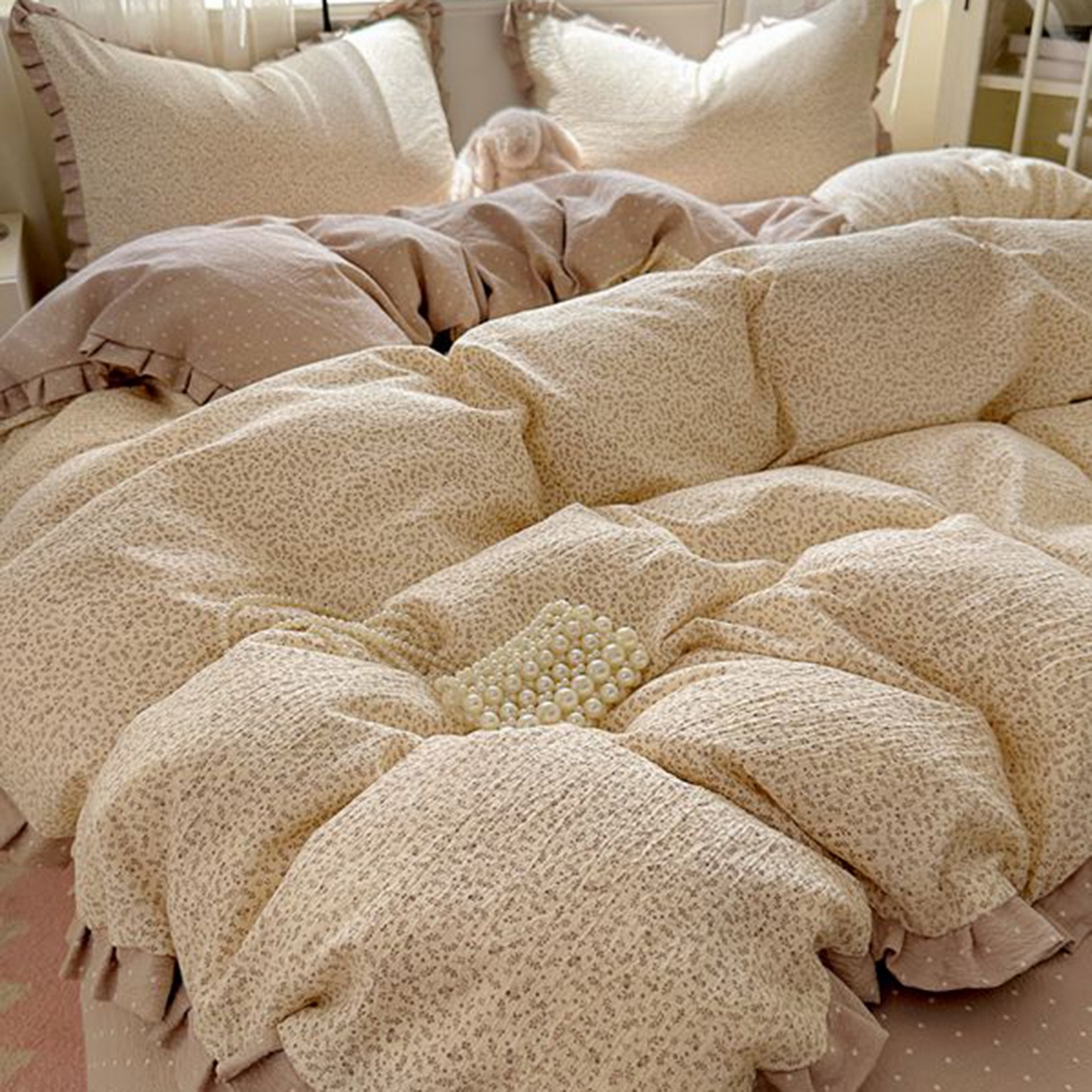 91家纺网 家纺一手货源 找家纺 春光里 2025新款高克重皱皱纱四件套 秋色