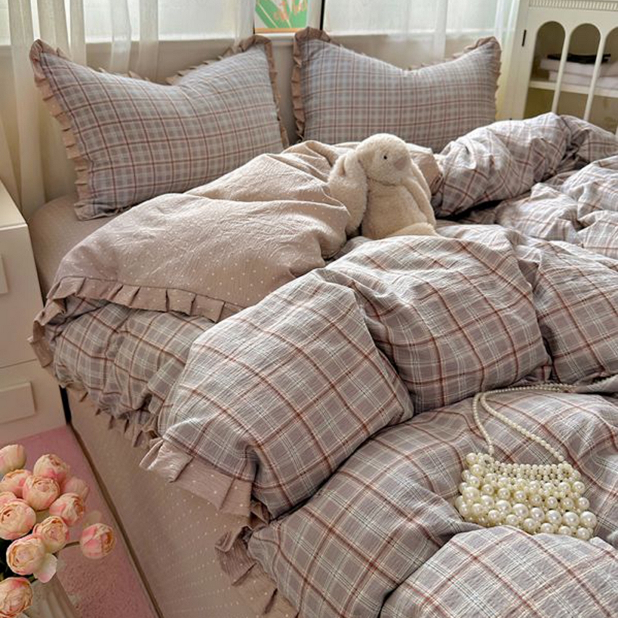 91家纺网 家纺一手货源 找家纺 春光里 2025新款高克重皱皱纱四件套 苏格兰格