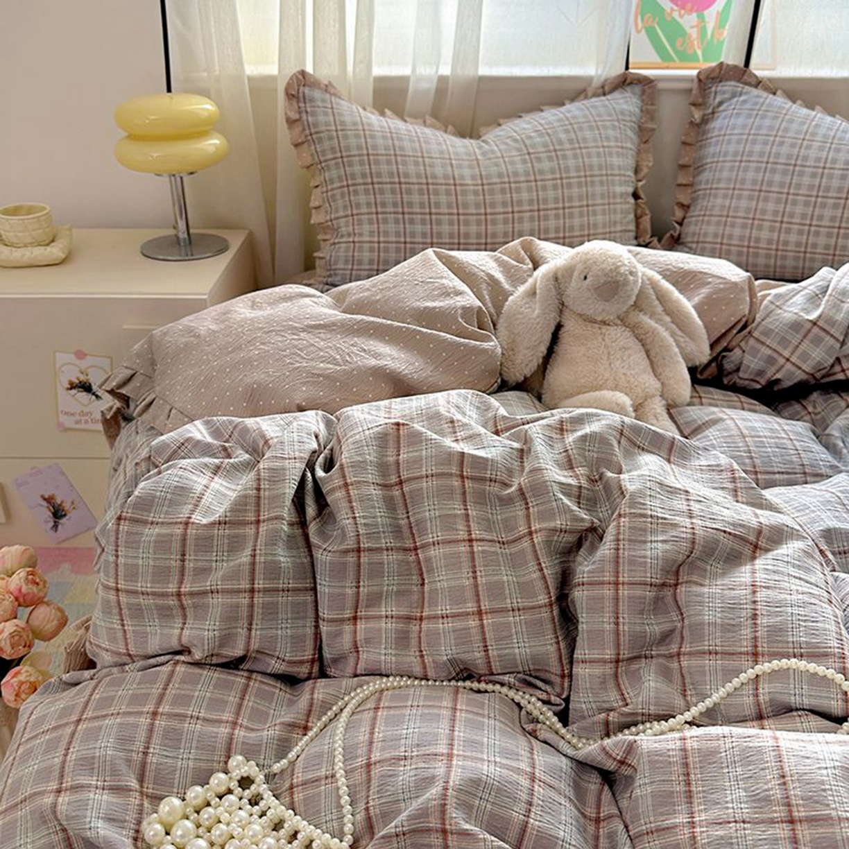 91家纺网 家纺一手货源 找家纺 春光里 2025新款高克重皱皱纱四件套 苏格兰格